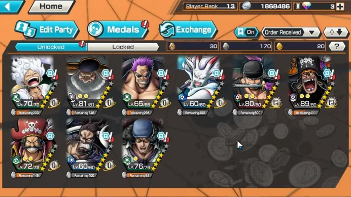 Global|9EX|G5 luffy,T5E Saturn,FilmZ Zephyr,OnM Yamato,RoO Zoro,T4E D.Teach,KoP Roger,Etc|Rank13|Bandai|Check(OPBR2241)