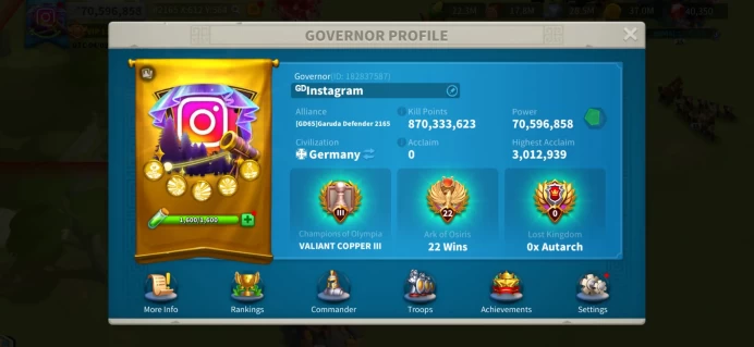 70M Power - Ready 2 Marches T5 Cavalry - 8 Legendary Commanders Max Skills - 16 Legendary Equip - VIP 15 - 4.5B RSS, 388 Days S U, 40K Gems #443