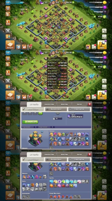AR261- TH14 Almost Max | XP 175 | BK83 AQ84 MP58 GW56 RC30 | +8630 Gems | 4 Heroes Skins & 4 Epic Equipment | 100% Secure SCID | iOS & Android