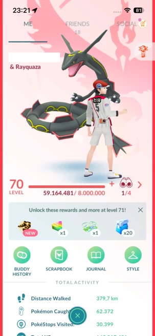 Level 70, 1 Legendary IV100, 213 Shiny, 182 Legendary, 79 IV 100, 10 Shiny Legendary, 3 Shadow Legendary