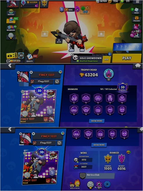 SEXXY BS 63.2k TROPHY, 101/101 UNLOCKED, 20 HYPERCHARGED,19 MAXED,238 OP SKINS [6 MYTHIC+5 LEGENDARY+4 HYPERCHARGED],662 PINS,371 ICON,173 SPRAY