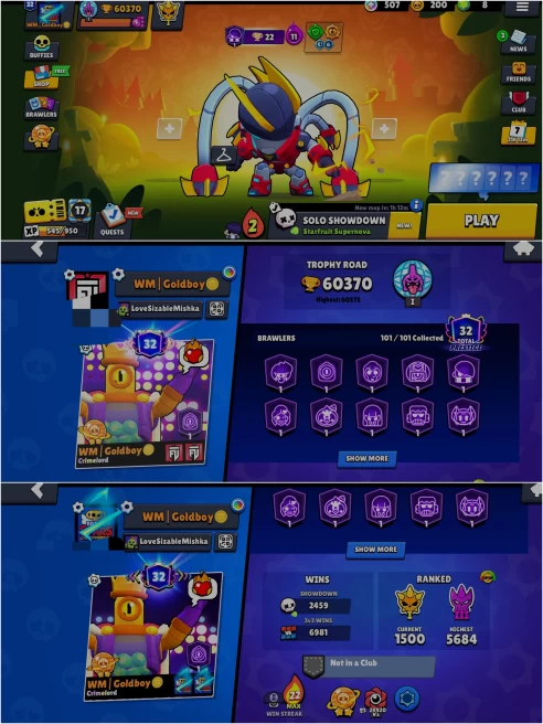 SEXXY BS 60.3k TROPHY, 101/101 UNLOCKED,27 HYPERCHARGED,16 MAXED,304 OP SKINS [11 MYTHIC+5 LEGENDARY+3 HYPERCHARGED],700 PINS,421 ICON,212 SPRAY