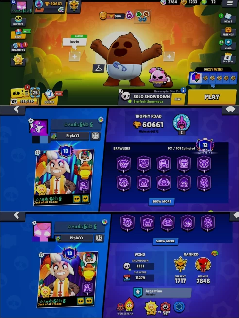 SEXXY BS 60.6k TROPHY, 101/101 UNLOCKED,66 HYPERCHARGED,2 MAXED,368 OP SKINS [15 MYTHIC+6 LEGENDARY+9 HYPERCHARGED],1029 PINS,479 ICON,225 SPRAY