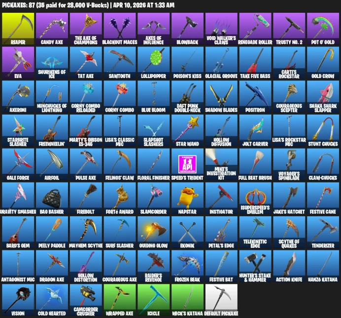 114 skins / OG Ghoul Trooper / The Reaper / Elite Agent / Havoc /