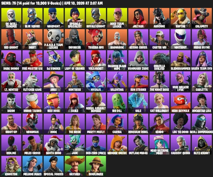75 skins / OG Skull Trooper / Blue Squire / Royale Knight / OG STW /