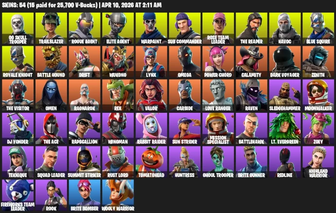 54 skins / OG Skull Trooper / Elite Agent / The Reaper / Royale Knight /