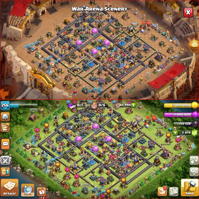Th18, Xp 256 [ 6 Rare Epic Max ] All 5 Heroes Max, Nc Available, 2650 WAR STAR, ATB 5730, 10k LT, 200 Wall Max, Arena Map, Full Defenses