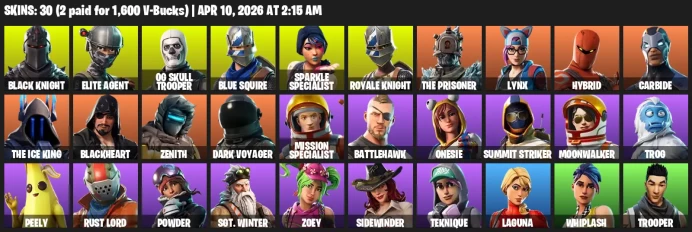 30 skins / OG Skull Trooper / Black Knight / Elite Agent / Sparkle Specialist / 