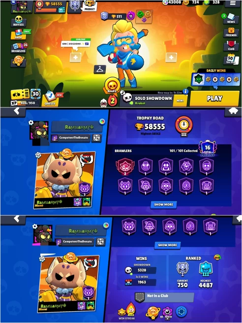 SEXXY BS 58.5k TROPHY, 101/101 UNLOCKED,33 HYPERCHARGED,10 MAXED,227 OP SKINS [6 MYTHIC+4 LEGENDARY+4 HYPERCHARGED],674 PINS,336 ICON,170 SPRAYS