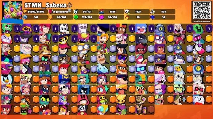56K Trophies LVL92 | 96/101 Brawlers | 20 Max Brawlers - 14 Hypercharges | 224 Skins | 574 Pins | 338 Icons | Legendary, Max Power, Rank 35 rare