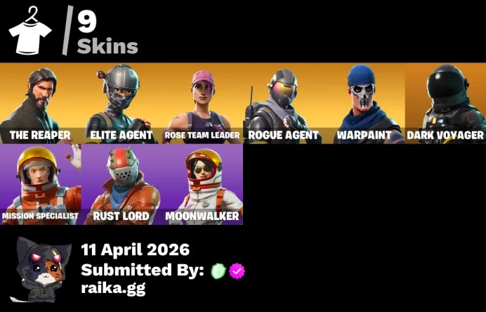 9 skins | The Reaper | Elite Agent | Take The L | Ride The Pony | Rogue Agent | Dark Voyager | Mission Specialist | Rust Lord | Moonwalker
