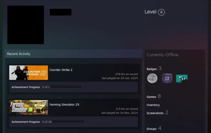 8 Level Steam _< 45 Days Warranty >_ 5+ other games_ 2016 Service Medal, Bloodhound Challenge, 10Y, 5Y, Loyalty ,Global Badge _NO VAC_279 hrs_