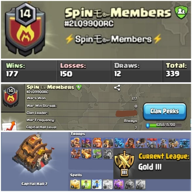 C19▰Spain Name: Spin乇๛Members▰Lvl 14▰CWL Rank: Gold 3▰Win 177_Loss 150▰Capital Peak Lvl 7▰Rare Clan▰High Lvl Clan