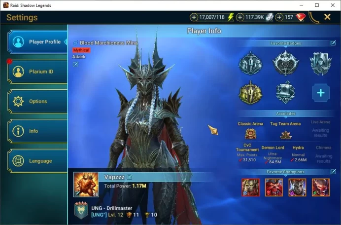 Lv48 1,1M Power|2 Mythic(Gizmak,Blood M Mina)|19 Legendary(Queen of Heart,MaShalled,Ninja,Alice,Etc)|17K Energy|Plarium(RSL1403)
