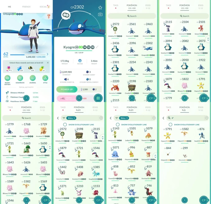ACm1416 -lv 62 Mystic | x20 2000CP | x1 Legendary | x37 shiny | x5 100IV | Kyogre | Shiny Sceptile Gothitelle Kecleon
