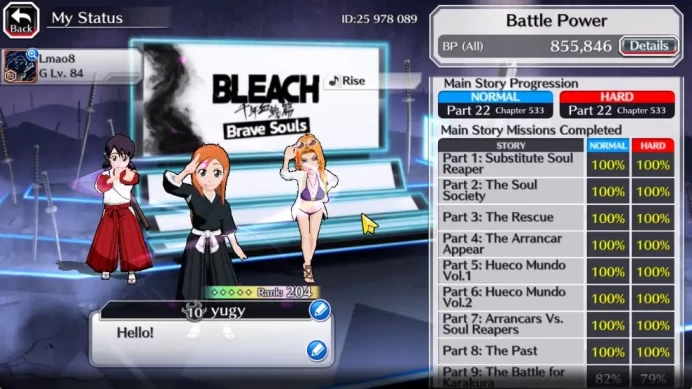 [GLOBAL]54K Orb|TYBW26[Bambietta,Meninas],Byakuya Renewed,Yoruichi 25Swimsuit,Ururu,Kon,Etc|6,8K AccTic|CE ON|KlabID(BBS2528)