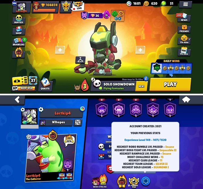 108K Trophies LVL149 | 101/101 Brawlers | 93 Max Brawlers - 90 Hypercharges | 420 Skins | 1291 Pins | 536 Icons | Legendary, Masters, Rank 35