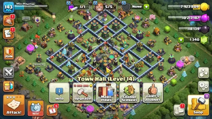 TH 14 - BH 8|Limited Skin|LV 143|HH 8|BK 61,AQ 73,GW 53,MP 41,RC 27,BM 14|1340 Gem|CN OFF|Protect OFF|TAKE MAIL(COC2091)