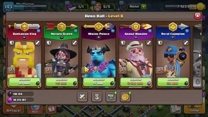 TH 14 - BH 8|Limited Skin|LV 143|HH 8|BK 61,AQ 73,GW 53,MP 41,RC 27,BM 14|1340 Gem|CN OFF|Protect OFF|TAKE MAIL(COC2091)