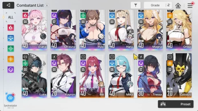 GLOBAL Lv 41|8 SSR[Diana,ChizuruM2,Yuki,Haru,Magna,Orlea,Luke,Kayron]+11 SR|29 SR Partner|5,3K Crys+1 Omega Code|Stove|(CZN1803)