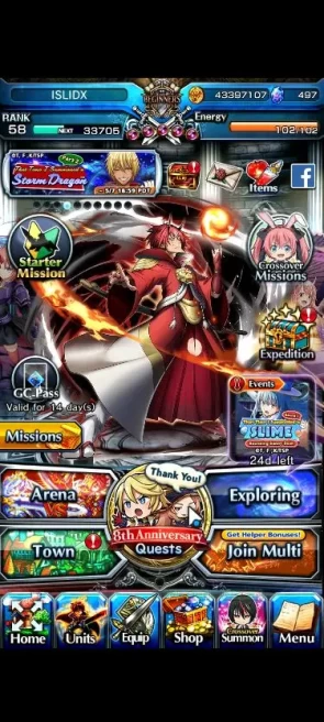 Global|Rank 58|Best Starter|497 CC+5 Ascend|LM Isliid, 2x Milim, Shizu, Shuna + Benimaru 120 Luck|Lpot 71|Check SS(GS2378)