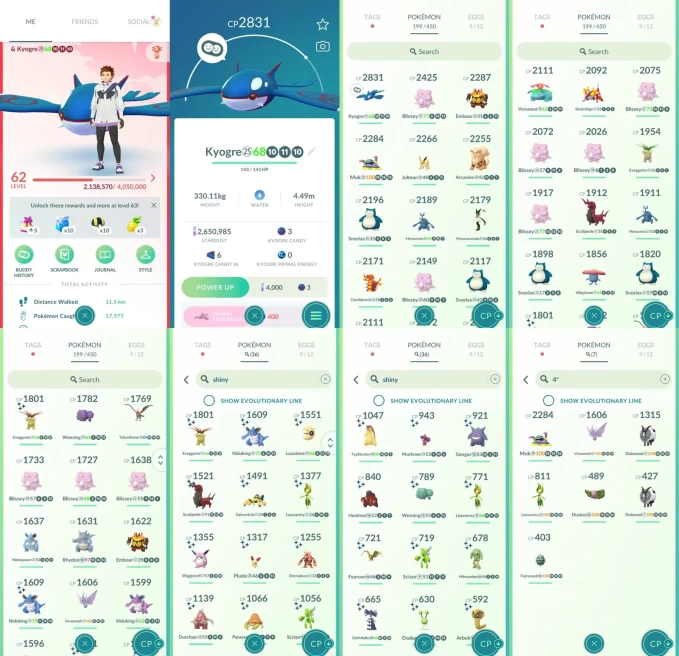 ACm1424 -lv 62 Valor | x17 2000CP | x1 Legendary | x36 shiny | x7 100IV | Kyogre | Shinuy Gengar Eevee Nidoking | 4* alolan Muk