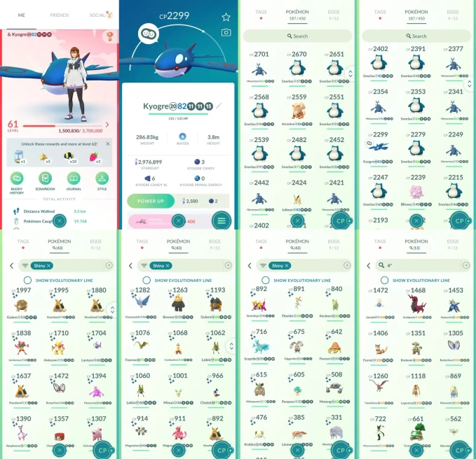 ACm1426 -lv 61 Valor | x32 2000CP | x1 Legendary | x43 shiny | x13 100IV | Kyogre | shiny Incineroar Alakazam Skeledirge Sceptile Samurott