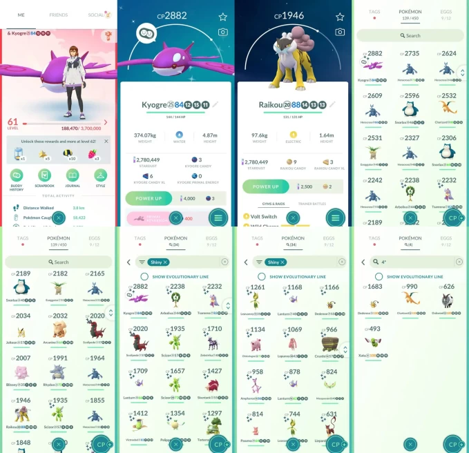 ACm1430 -lv 61 Valor | x19 2000CP | x2 Legendary | x34 shiny | x4 100IV | Raikou shiny Kyogre | 4* Charizard