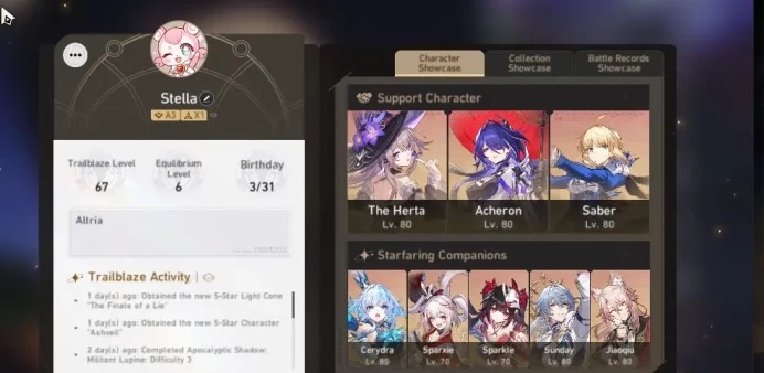Asia|TL 67|12 Limited|[Saber E2,The Herta,Acheron,Ashveil,Archer]+Sign,Sparxie,Sparkle,etc|Female MC|TakeMail|CheckSS(HSR6341)