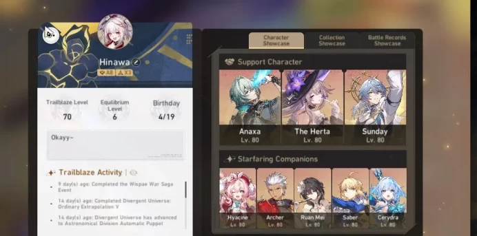 Asia|TL 70|5,7K SJ|11 Limited|[Anaxa,Sunday,Hyacine,Sparxie,Saber]+Sign,Cerydra,The Herta,etc|FemaleMC|TakeMail|CheckSS(HSR6342)