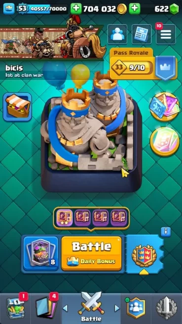 Lv 53|Trophy 9273|KTL 11|Limit Skin|Total Card 121|4 Hero 13 EVO 8 Champ 21 Legend 33 Epic 30 Rare 29 Common|TakeMail|(CR1685)