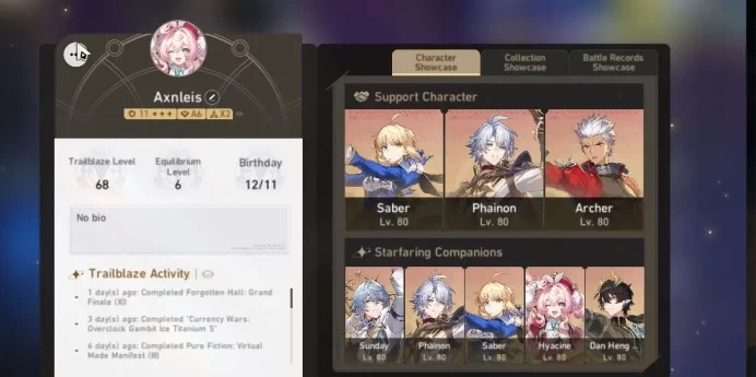 Asia|TL 68|9 Limited|[Saber,Phainon,Hyacine,Archer]+Sign,Sunday,Sparkle,Ruan Mei,Loucha,Dante|FemaleMC|TakeMail|CheckSS(HSR6351)