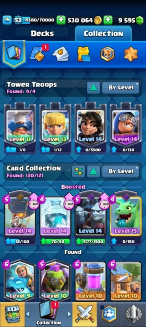 KT 14 | LVL 53 | FREE NAME CHANGE | 9.5K Trophy | 14 Evo + 60 Emotes | 9600 Gems | 120 CARDS