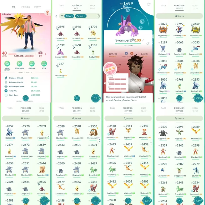 AC1001 Valor | x10 3000CP | x82 2000CP | x7 SHUNDO Swampert Kadabra x3 Excadrill | x9 Zapdos (x1 Shiny x1 100IV) Articuno x3 Moltres x3 Dialga C