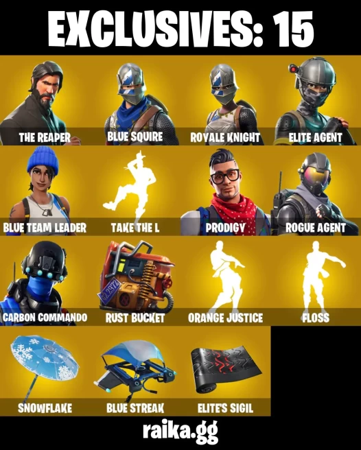 61 skins/full access/floss/the reaper/blue squire/royale knight/elite agent/take the l/rare emotes