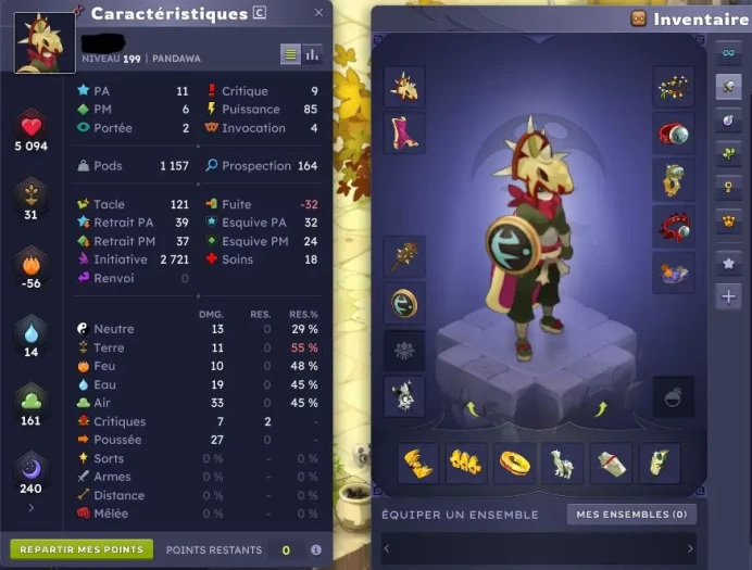 SOLD!! Epique Ombre - Pandawa 199 Tank 50% Ressistance All 5000 Vitality Perfect for PVM never authenticated and secure 100% Garantie a vie