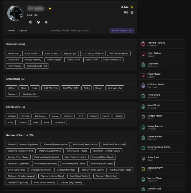 [PC/PSN] Uplay 569 LVL | 1x Champion  + 1x Diamond | 14 Black Ice | 14 Seasonals | 10 Universals | 500 + Skins | Full Email Access