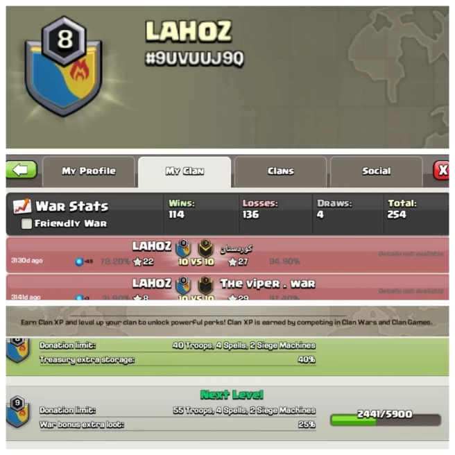 C417◆CLAN NAME: LAHOZ◆CLAN LEVEL: 7◆WAR LOG: WINS-114 | LOSS-136
