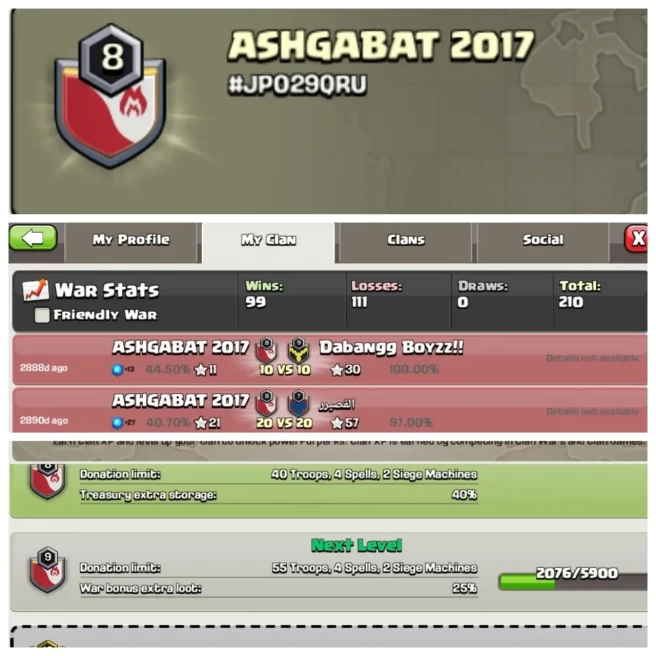 C416▰CLAN NAME: ASHGABAT 2017▰CLAN LEVEL: 8▰WAR LOG: WINS-99 | LOSS-111