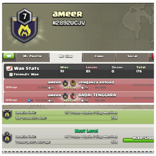 C415◆CLAN NAME: ameer◆CLAN LEVEL: 7◆POSITIVE WAR LIG: WINS-91,LOSS-85
