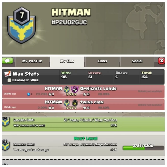 C364▰Name: HITMAN▰CLAN LEVEL:7▰POSITIVE WAR LOG: WINS-98▰LOSS-61▰Almost Lvl 8