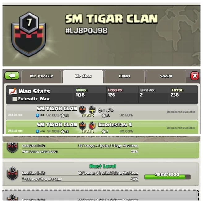 C365◆NAME: SM TIGER CLAN◆LEVEL:7◆WAR LOG: WINS-108,LOSS-126