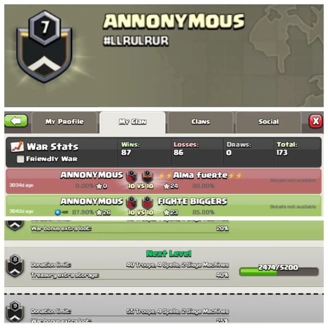 C368◆CLAN NAME: ANNONYMOUS◆CLAN LEVEL: 7◆POSITIVE WAR LOG: WINS-87,LOSS-86