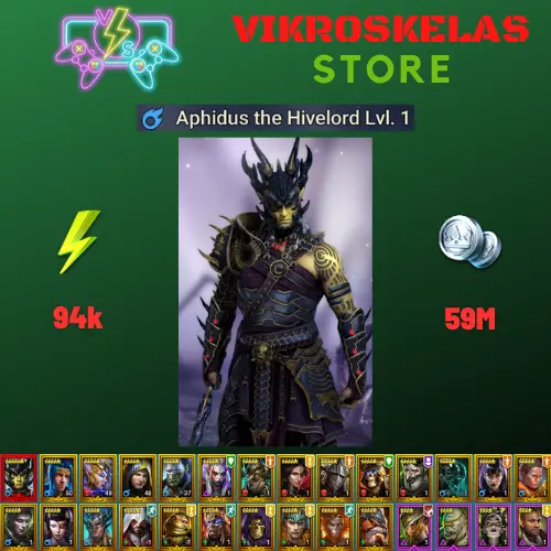 Starter with Mythical - Aphidus : 94k energy / 59 mln coins / Lady Kimi, Arix, Ninja + 20 Login Legendaries / Gala, Nia