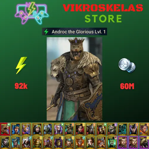 Starter with Mythical - Androc : 92k energy / 60 mln coins / Queen Eva, Loriaca, Arix, Ninja + 20 Login Legendaries