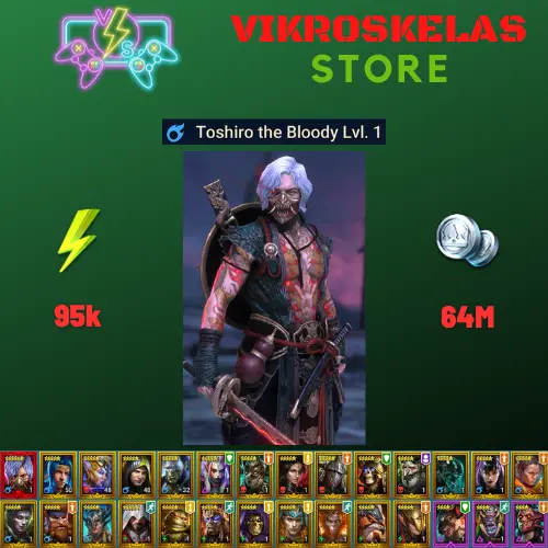 Starter with Mythical - Toshiro : 95k energy / 64 mln coins / Hurndig, Royal Huntsman, Arix, Ninja + 20 Login Legendaries
