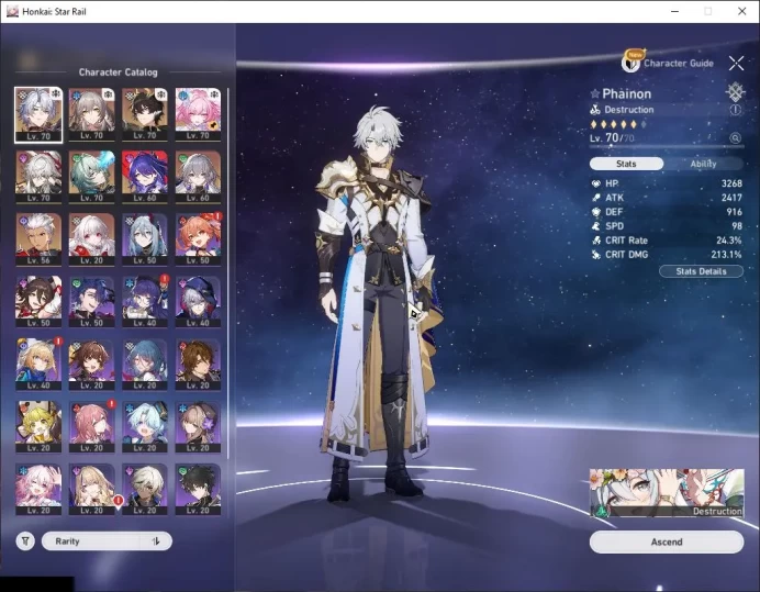 Asia|TL 53|Golden Companion|7 Limited|Phainon,Cyrene,Anaxa,Acheron,Jing Yuan,Archer,Dante|Female MC|Check SS|Take Mail(HSR6142)