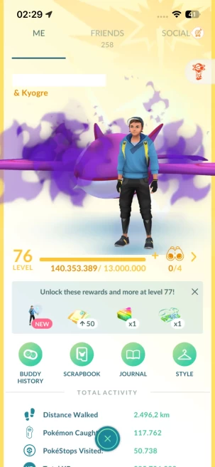 Level 76, 7 Legendary IV100, 539 Shiny, 280 Legendary, 59 IV 100, 17 Shiny Legendary, 48 Shadow Legendary