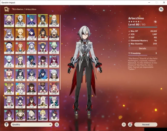 ASIA|AR 50|4 Limited+40(*4Character)|Arlecch,Raiden,Xianyun,Arrataki|Fregile Resin 123|Skin 3|MC Male|TakeMail|Check SS(GI5787)