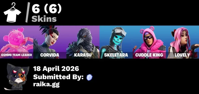[PC/PSN/XBOX] 6 skins | Gummi Team Leader | Corvida | Karasu | Skeletara | Cuddle King | Lovely | Shattered Halo Ring | Heartblast
